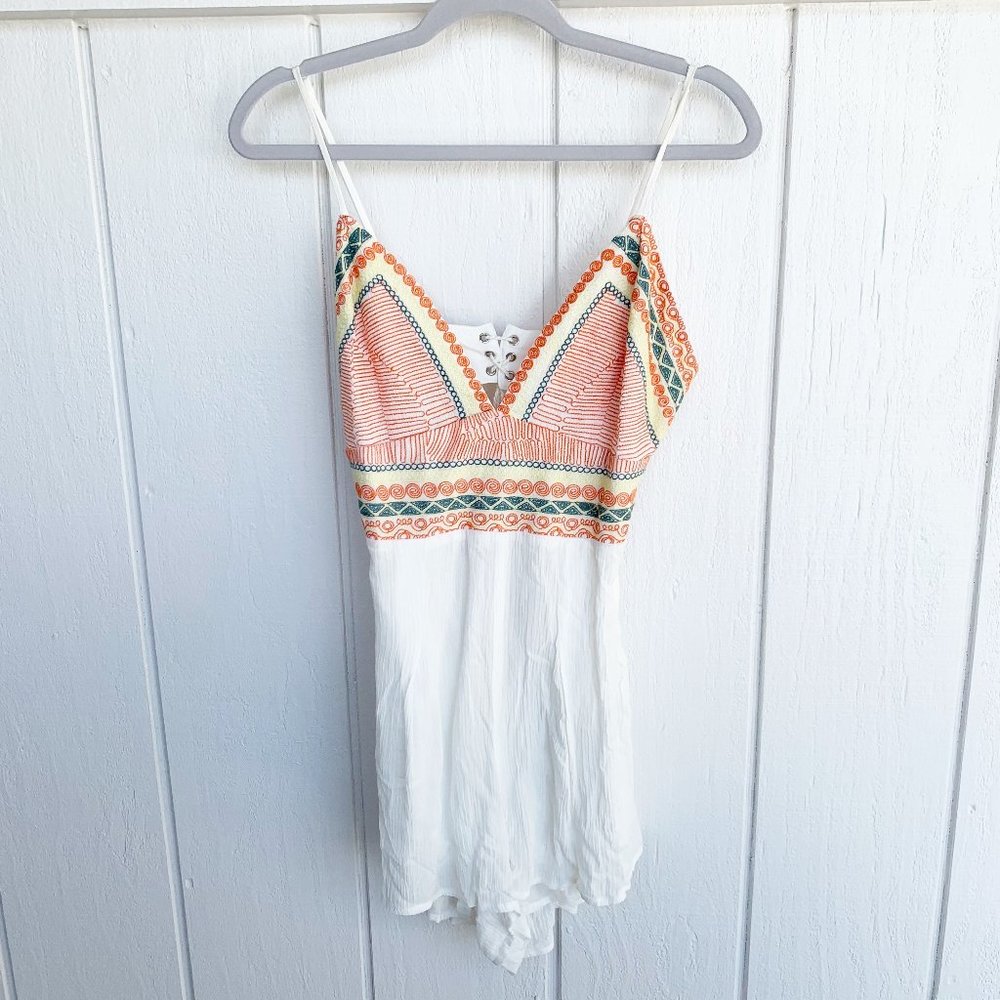 Lulumari White Orange Embroidered Tie Romper L